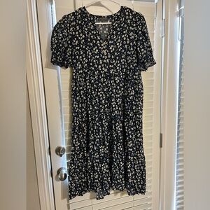 DownEast Basica Navy Floral Short-Sleeve Midi Dress